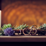An image showcasing an elegant candle holder adorned with delicate succulents, sprigs of dried lavender, and a charming vintage key, casting a soft, warm glow on a rustic wooden table