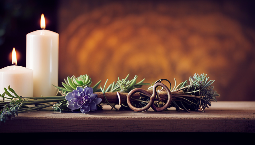 An image showcasing an elegant candle holder adorned with delicate succulents, sprigs of dried lavender, and a charming vintage key, casting a soft, warm glow on a rustic wooden table