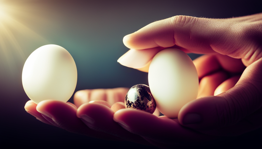 An image showcasing a hand gently cradling a quail egg against a bright light source, revealing intricate details of the eggshell and the delicate silhouette of the developing quail embryo inside