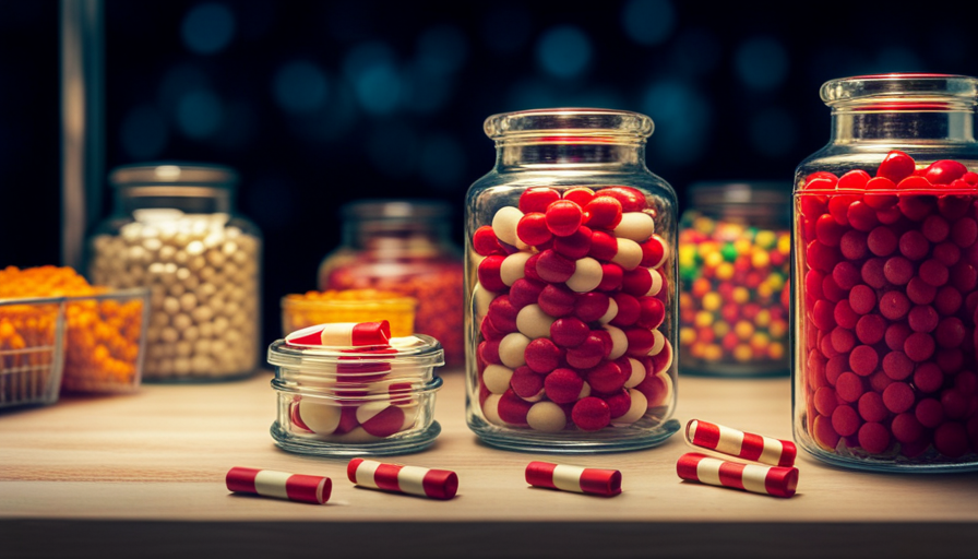 An image showcasing a retro candy store display, featuring a colorful assortment of candy cigarettes nestled in a vintage glass jar, evoking nostalgia and curiosity about the origin of these iconic treats