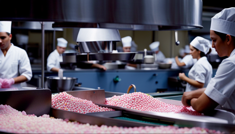 An image of a bustling candy factory, with workers in white uniforms and hairnets meticulously handcrafting colorful sweets on conveyor belts, while large copper kettles bubble with molten candy mixtures in the background