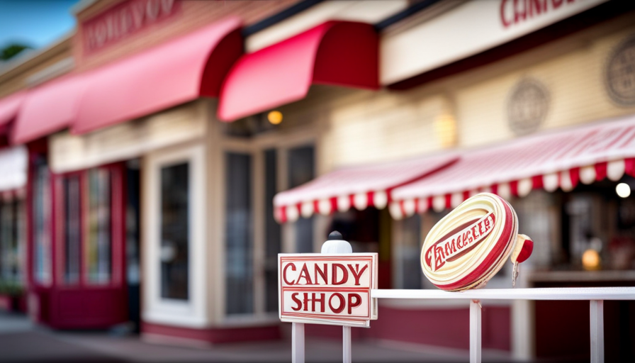An image showcasing a quaint, charming candy shop adorned with vintage signage and colorful awnings