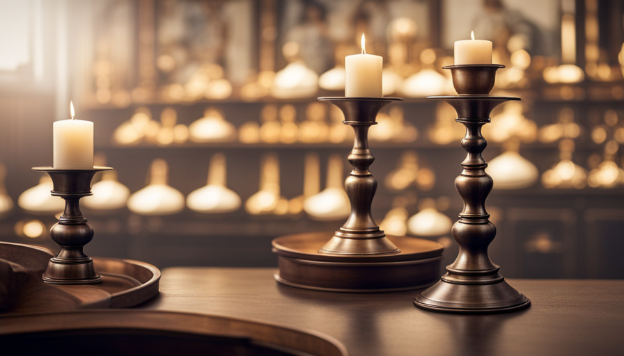 An image that showcases the enchanting array of candlesticks available for purchase, featuring a diverse selection of elegant, ornate, and minimalistic designs displayed on gleaming shelves in a well-lit and inviting store setting