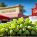 An image showcasing a vibrant farmers market stand, adorned with an array of luscious green grapes, reminiscent of cotton candy