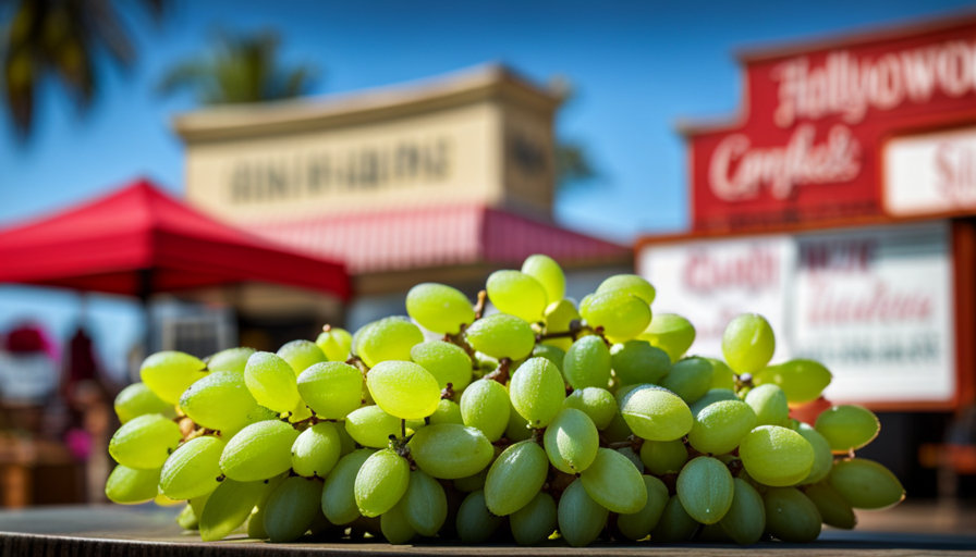An image showcasing a vibrant farmers market stand, adorned with an array of luscious green grapes, reminiscent of cotton candy