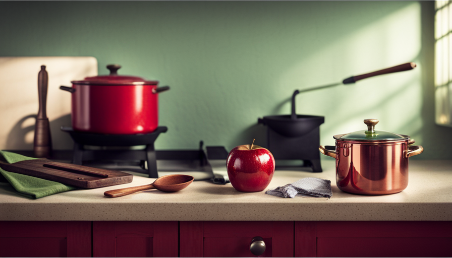 An image featuring a vintage kitchen with a gleaming copper pot on a stove, filled with bubbling red syrup
