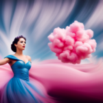An image showcasing the vibrant and whimsical world of cotton candy, featuring a mysterious figure in a colorful, sparkling costume, gracefully dancing amidst a cloud of sugary pink and blue swirls