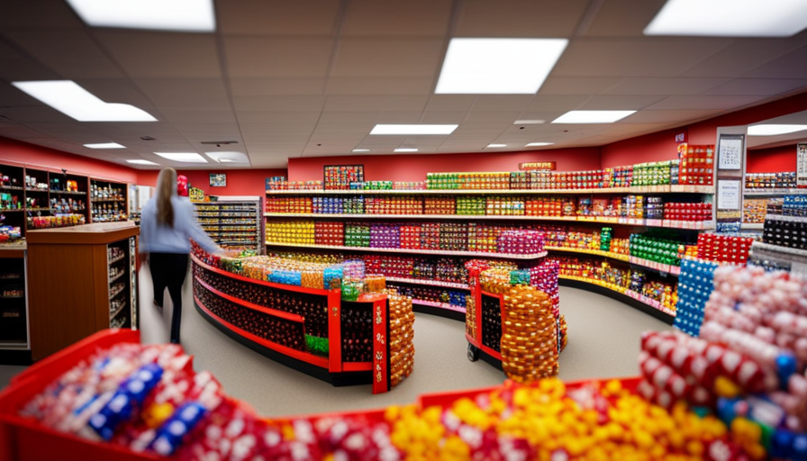 An image showcasing a vibrant and bustling candy aisle, adorned with colorful Brach's Candy displays