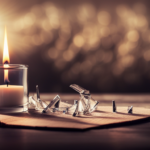 An image of a shattered glass candle, with tiny shards scattered on a wooden surface, surrounded by wisps of smoke still lingering in the air, capturing the mysterious and explosive nature of the incident