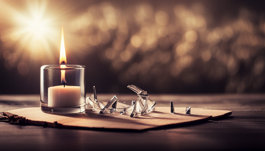 An image of a shattered glass candle, with tiny shards scattered on a wooden surface, surrounded by wisps of smoke still lingering in the air, capturing the mysterious and explosive nature of the incident