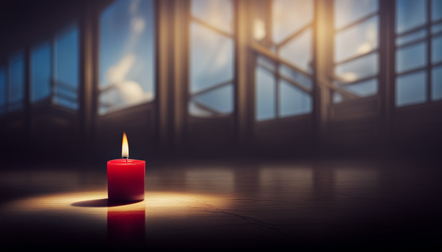An image capturing a dimly lit room with a solitary candle flickering weakly