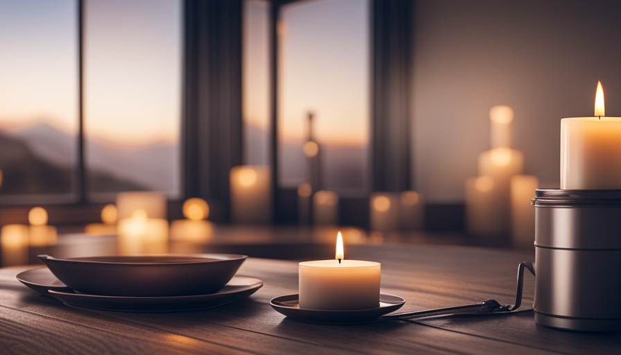 An image showcasing a serene scene of a cozy living room, adorned with a flickering soy candle casting a warm, gentle glow