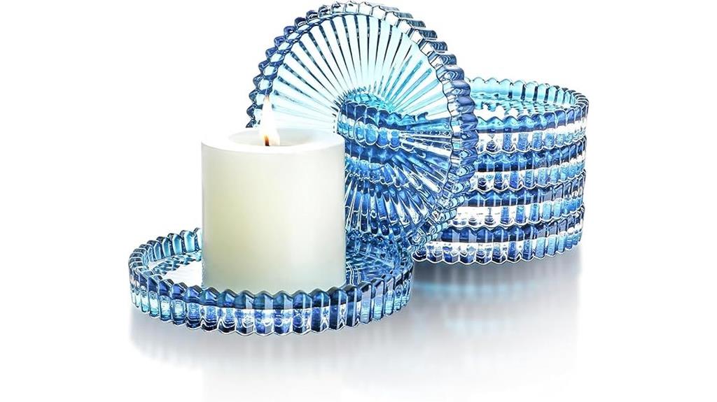 six blue glass candle plates